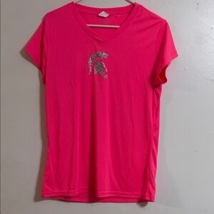 Bright Pink V-Neck Tee with Silver Design
